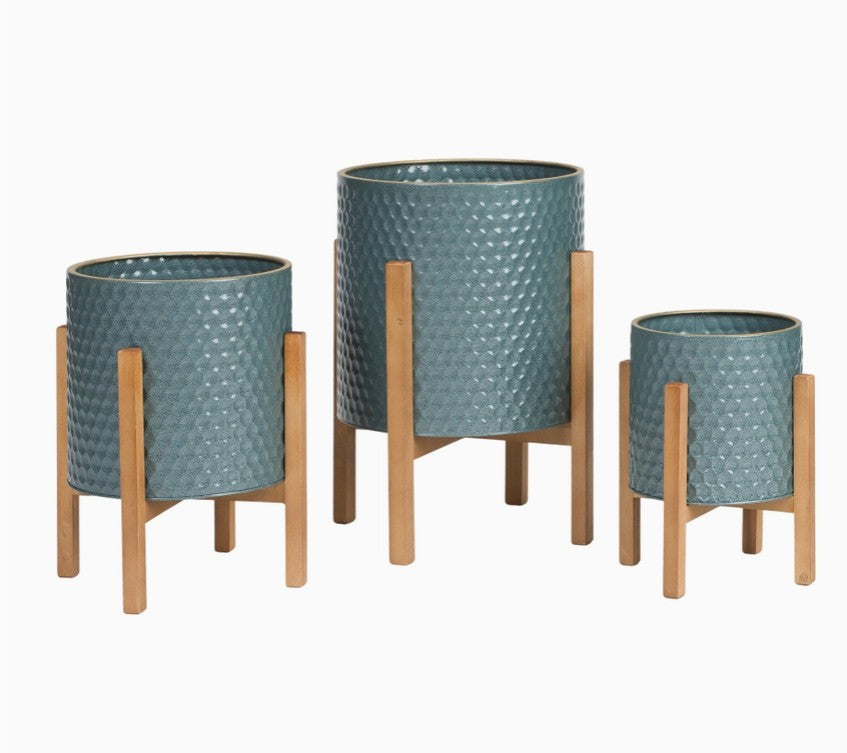 Blue Metal Planters with Wooden Stands